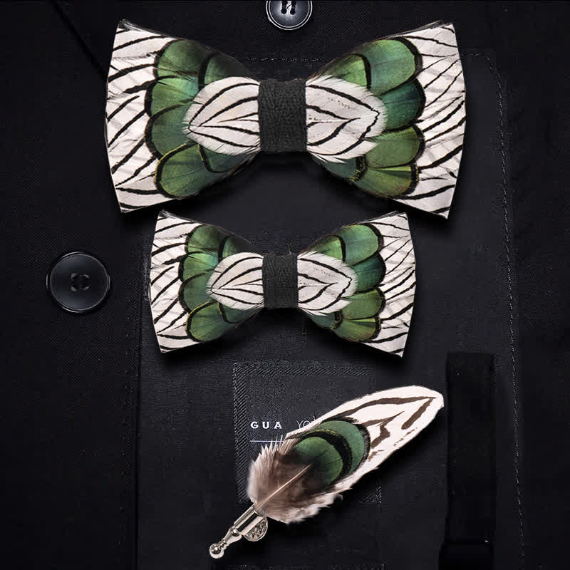 Papillon con piume di foresta verde e bianco con spilla da bavero - Set Genitore-Figlio - image 4