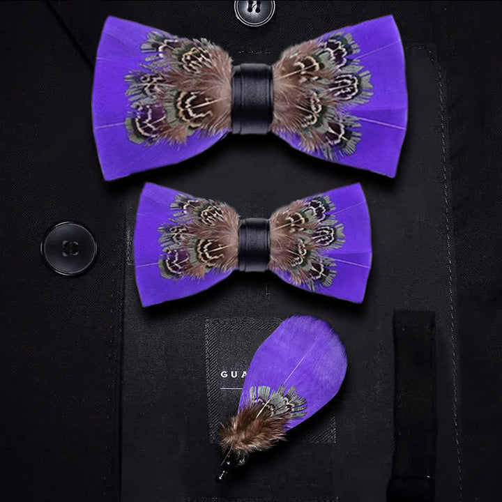 Grazioso papillon con piume di fagiano viola e spilla da bavero - Set Genitore-Figlio - image 3