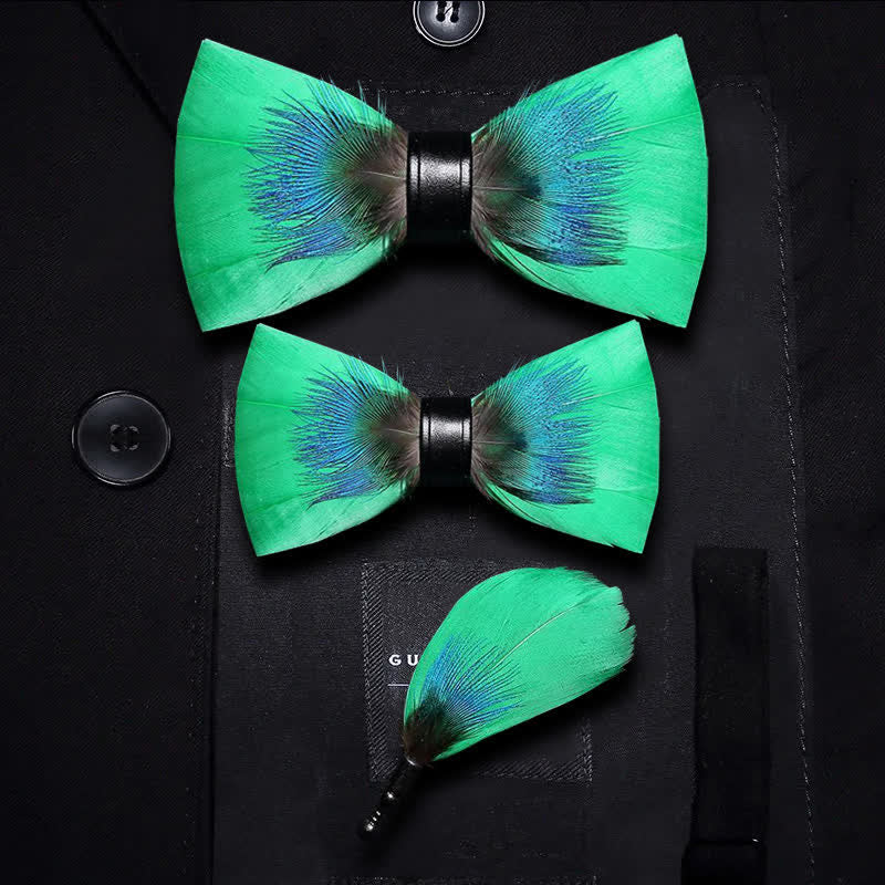 Papillon con piume blu e verde con spilla da bavero - Set Genitore-Figlio - image 6