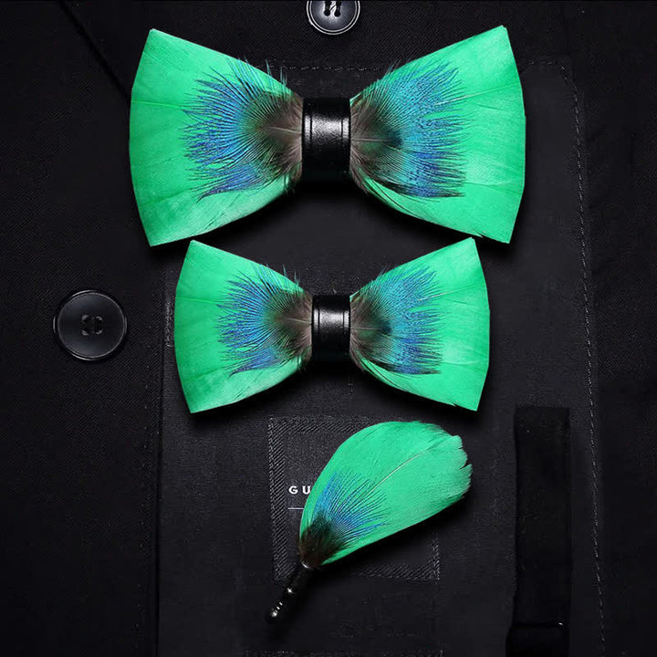 Papillon con piume blu e verde con spilla da bavero - Set Genitore-Figlio - image 6