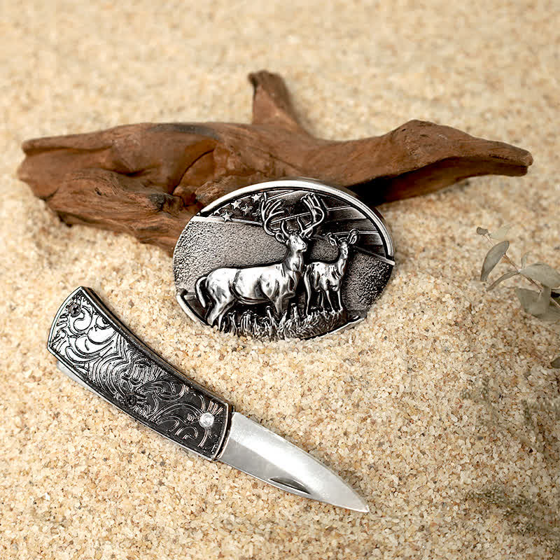 Set di fibbie per cintura in pelle con coltello pieghevole nascosto fai da te Flower Deer - image 2