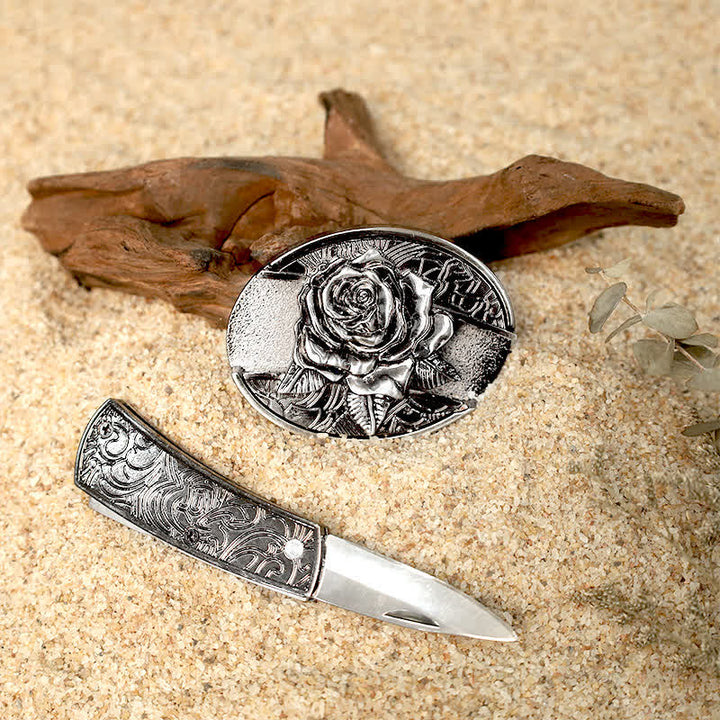 Set di fibbie per cintura in pelle con coltello pieghevole nascosto fai da te Flower Deer - image 9