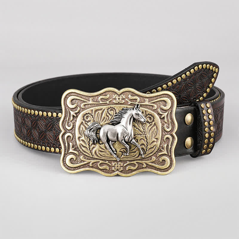 Cintura in pelle marrone scuro con rivetti a forma di cavallo da corsa - Cavallo - 42 - image 0
