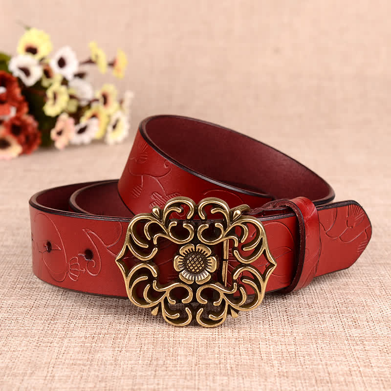 Cintura in pelle goffrata retrò con girasole cavo da donna - Rosso scuro - 40 - image 13