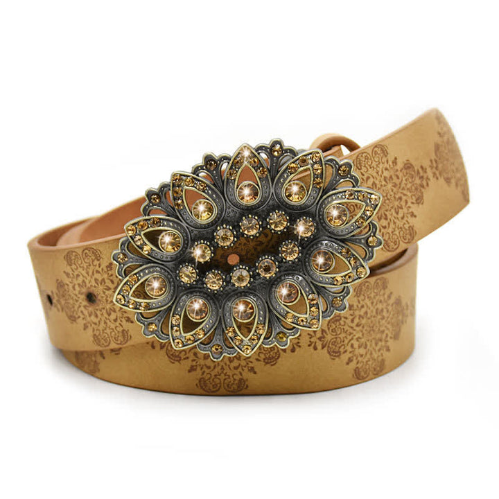 Cintura in pelle con fibbia a forma di fiore cavo in cristallo artificiale da donna - Stile n. 1 - Cammello - 44" - image 0