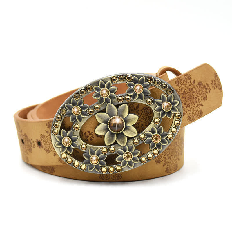 Cintura in pelle con fibbia a forma di fiore cavo in cristallo artificiale da donna - Stile n. 6 - Cammello - 44" - image 12