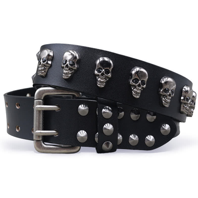 Cintura in pelle con doppio perno e rivetti a forma di teschio hip hop - Nero - 44 - image 0