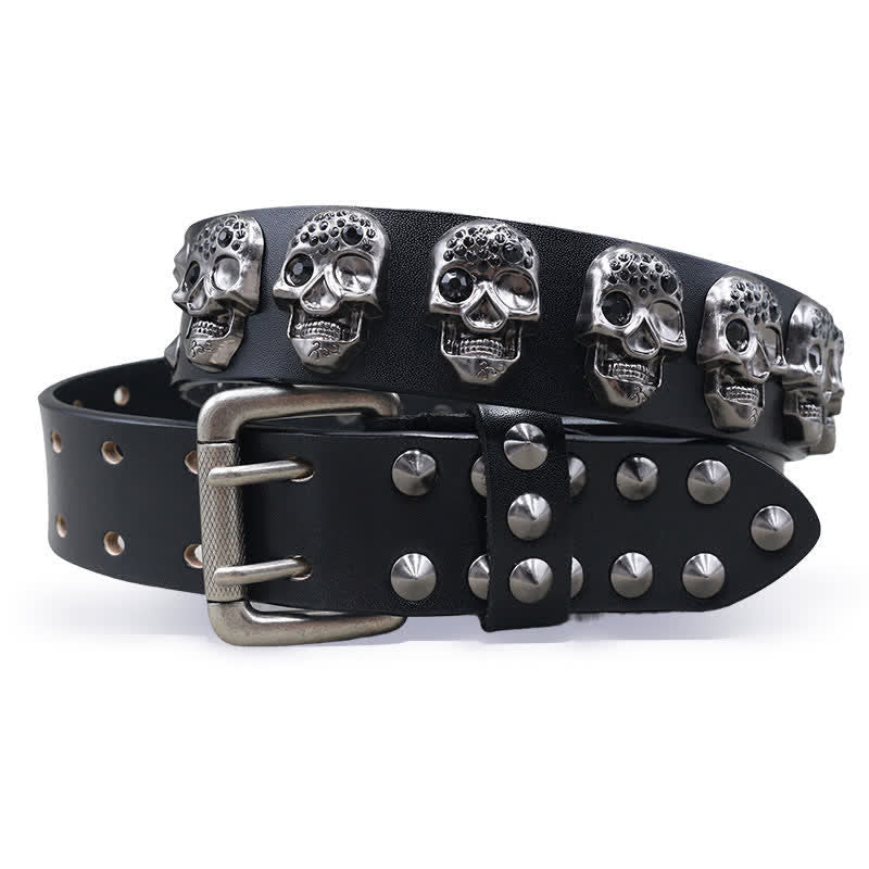 Cintura in pelle con doppio perno e rivetti con teschi casual da motociclista - Nero - 44 - image 0