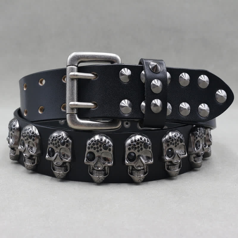Cintura in pelle con doppio perno e rivetti con teschi casual da motociclista - image 1