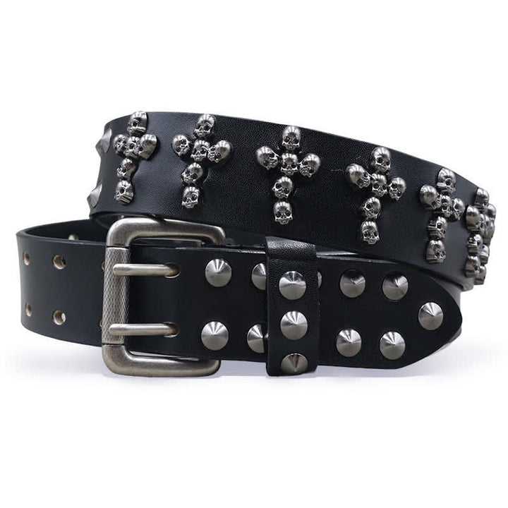 Cintura in pelle con doppio perno e rivetti a forma di croce con teste di teschio - Nero - 44 - image 0
