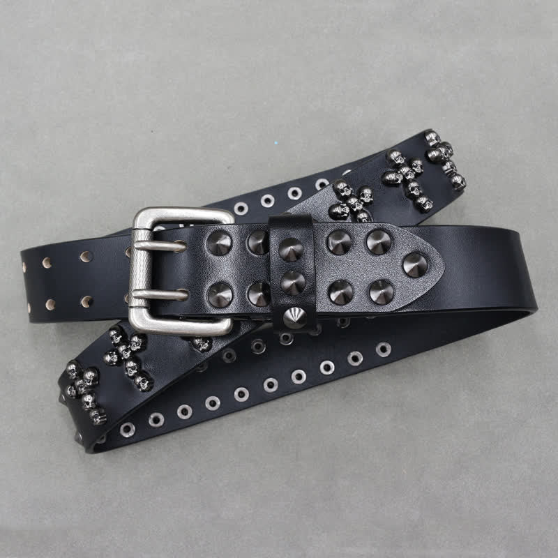 Cintura in pelle con doppio perno e rivetti a forma di croce con teste di teschio - image 3