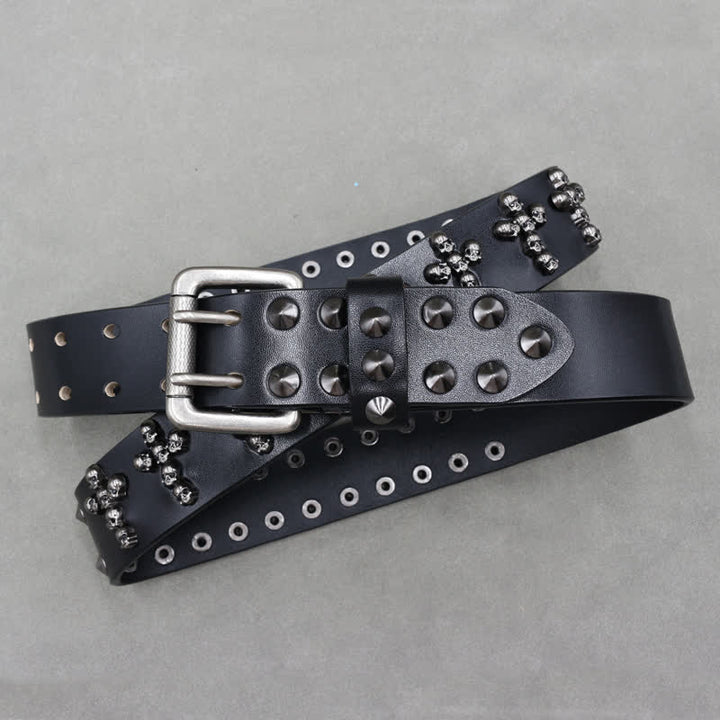 Cintura in pelle con doppio perno e rivetti a forma di croce con teste di teschio - image 3