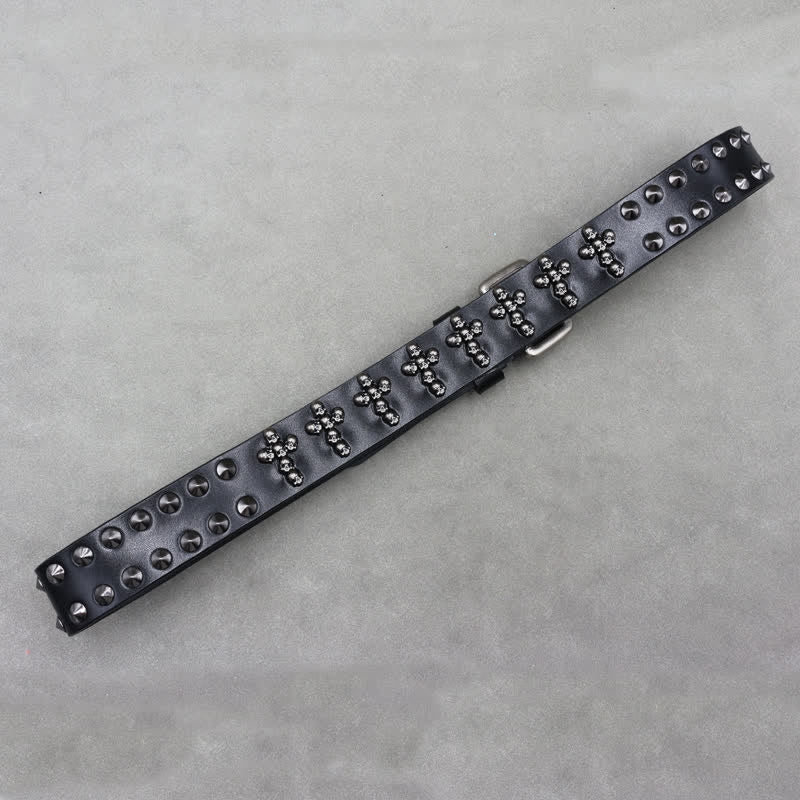 Cintura in pelle con doppio perno e rivetti a forma di croce con teste di teschio - image 6