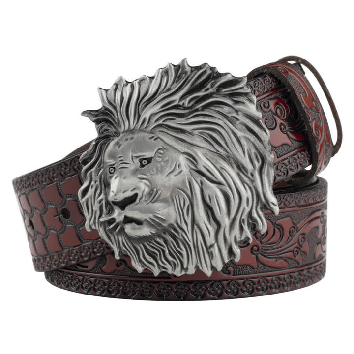 Cintura in pelle da ufficio con testa di leone in rilievo - Marrone / Argento - 46 - image 12