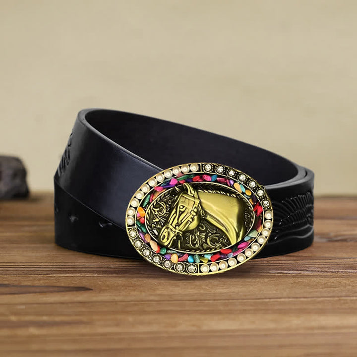 Cintura in pelle fai da te da uomo con fibbia in pietra di perle di cavallo in bronzo - Cavallo - Cintura aquila in rilievo nera (40) - image 3