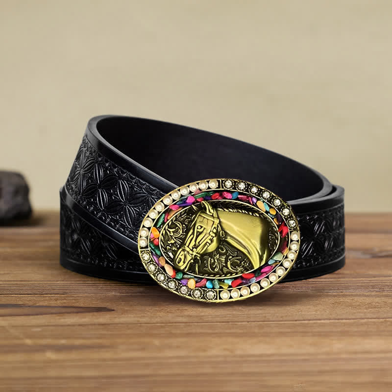 Cintura in pelle fai da te da uomo con fibbia in pietra di perle di cavallo in bronzo - Cavallo - Cintura in tessuto goffrato nero (40) - image 4