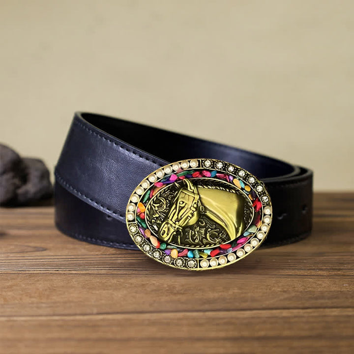 Cintura in pelle fai da te da uomo con fibbia in pietra di perle di cavallo in bronzo - Cavallo - Cintura PU nera (40) - image 2