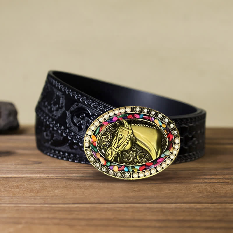 Cintura in pelle fai da te da uomo con fibbia in pietra di perle di cavallo in bronzo - Cavallo - Cintura nera intagliata (40) - image 5