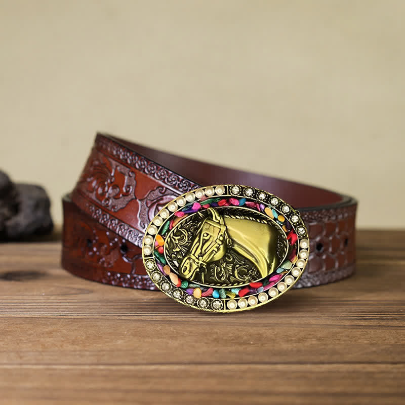 Cintura in pelle fai da te da uomo con fibbia in pietra di perle di cavallo in bronzo - Cavallo - Cintura marrone intagliata (40) - image 6
