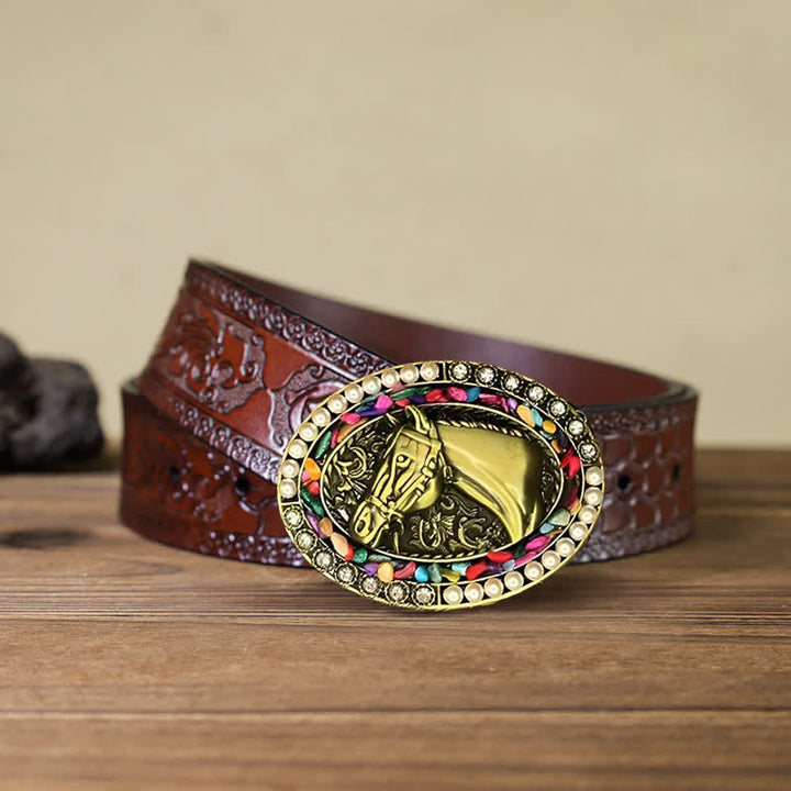 Cintura in pelle fai da te da uomo con fibbia in pietra di perle di cavallo in bronzo - Cavallo - Cintura marrone intagliata (40) - image 6