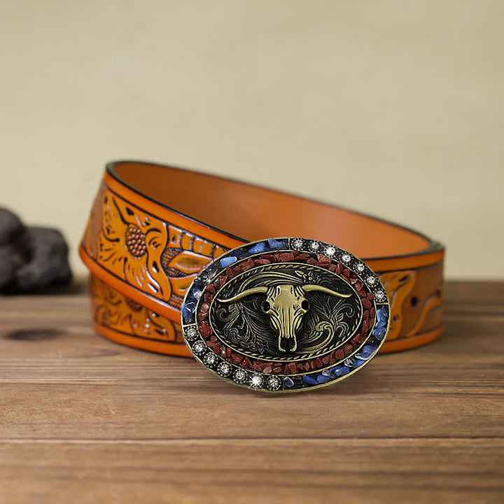 Cintura in pelle con fibbia a forma di toro con pietre blu e bordeaux fai da te da uomo - Toro - Cintura intagliata arancione (40) - image 10