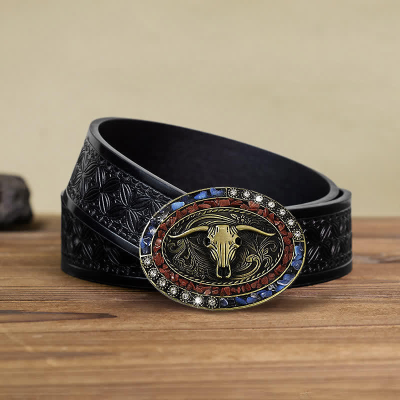 Cintura in pelle con fibbia a forma di toro con pietre blu e bordeaux fai da te da uomo - Toro - Cintura in tessuto goffrato nero (40) - image 6
