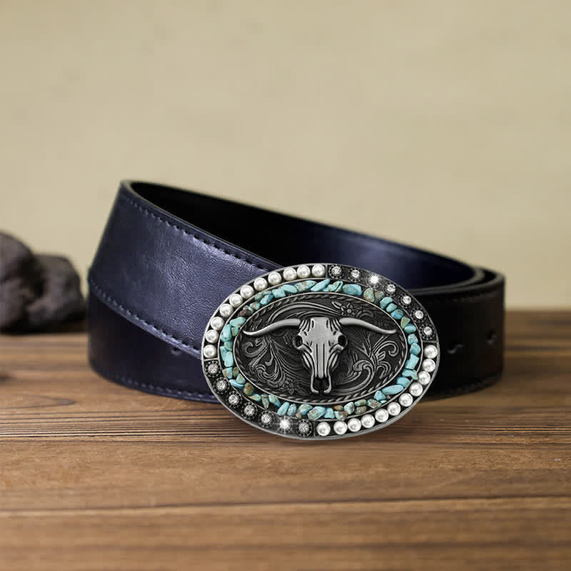 Cintura in pelle con fibbia a forma di toro con pietre di perle scintillanti fai da te da uomo - Blu - Cintura PU nera (40) - image 13