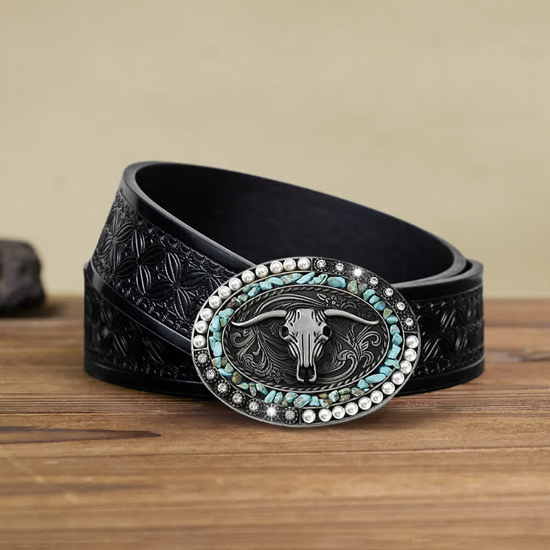Cintura in pelle con fibbia a forma di toro con pietre di perle scintillanti fai da te da uomo - Blu - Cintura in tessuto goffrato nero (40) - image 15