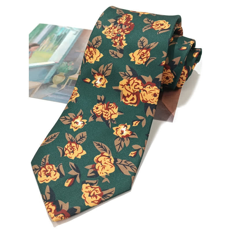 Cravatta vintage da uomo con stampa floreale gialla verde scuro - Autolegante - image 0
