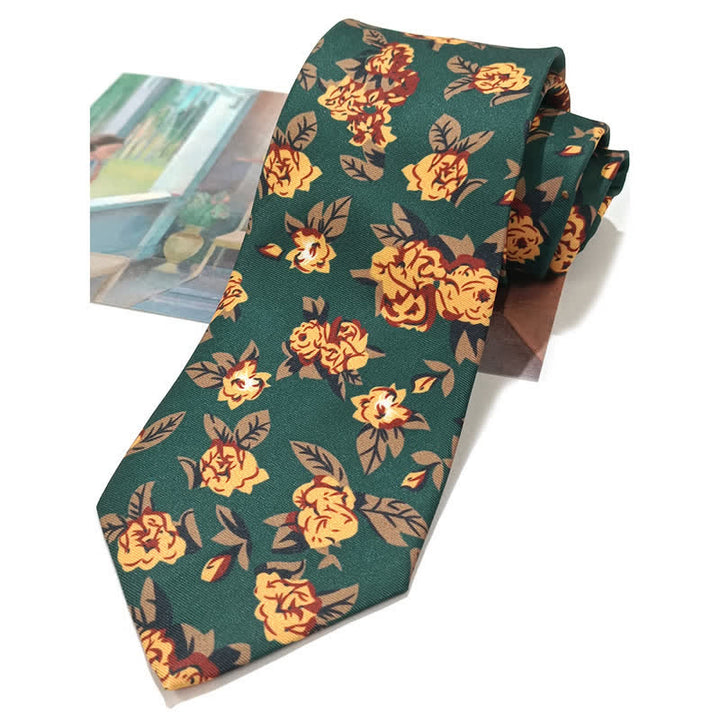 Cravatta vintage da uomo con stampa floreale gialla verde scuro - Autolegante - image 0