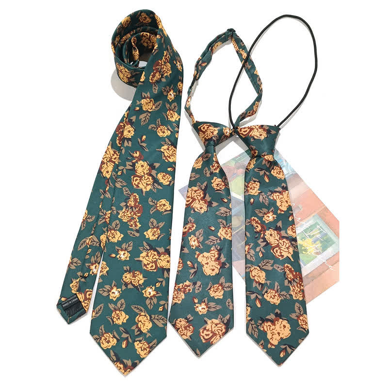 Cravatta vintage da uomo con stampa floreale gialla verde scuro - image 1