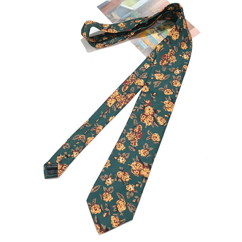 Cravatta vintage da uomo con stampa floreale gialla verde scuro - image 2