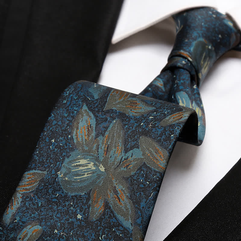 Cravatta da uomo blu navy con motivo floreale dipinto a olio retrò - image 1