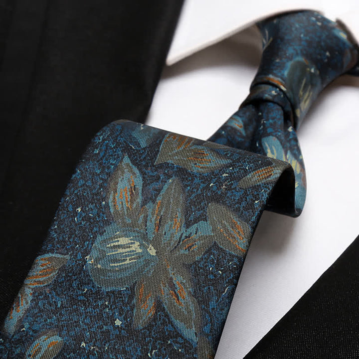 Cravatta da uomo blu navy con motivo floreale dipinto a olio retrò - image 1