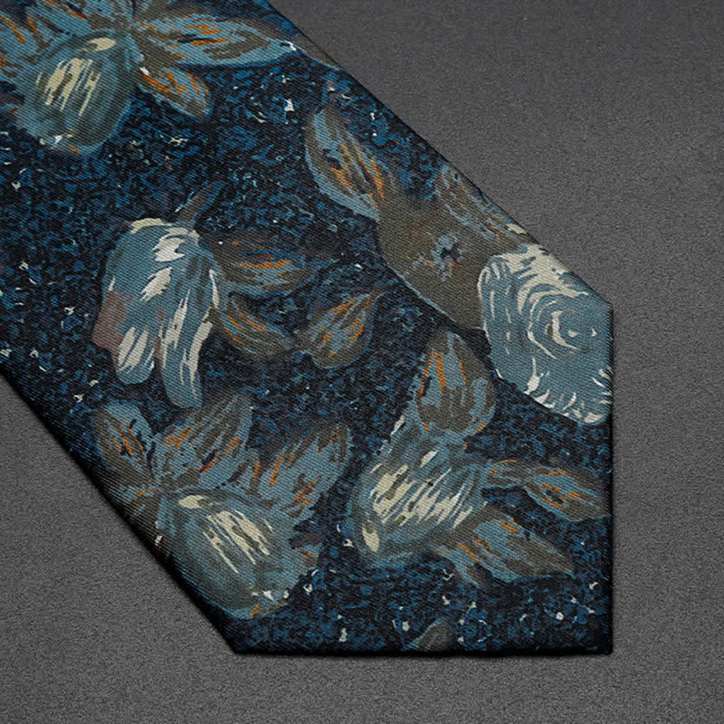 Cravatta da uomo blu navy con motivo floreale dipinto a olio retrò - image 3