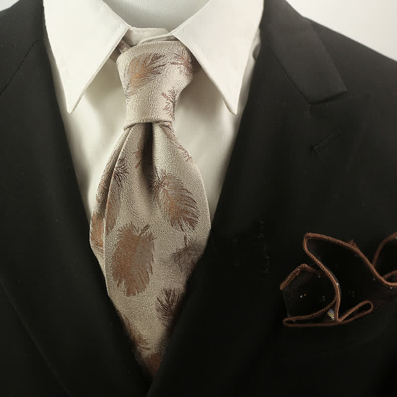 Cravatta da uomo con motivo a piume beige e marrone - Beige e marrone - image 0