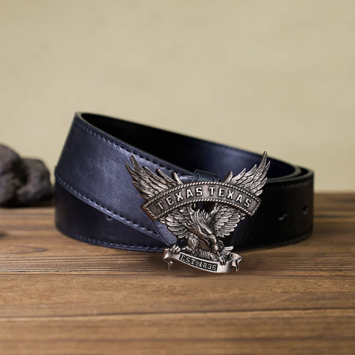 Cintura in pelle fai da te da uomo con fibbia Western Texas Eagle retrò - Argento antico - Cintura PU nera (40) - image 2