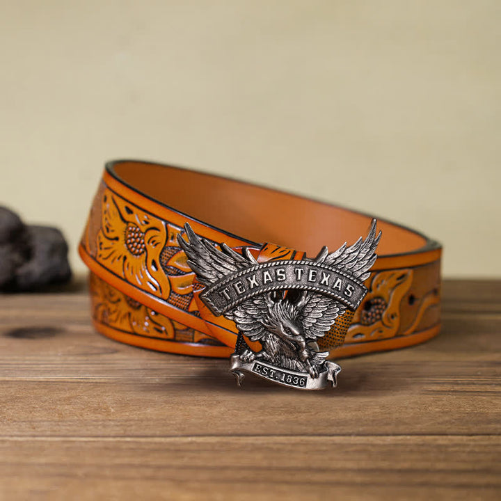 Cintura in pelle fai da te da uomo con fibbia Western Texas Eagle retrò - Argento antico - Cintura intagliata arancione (40) - image 8