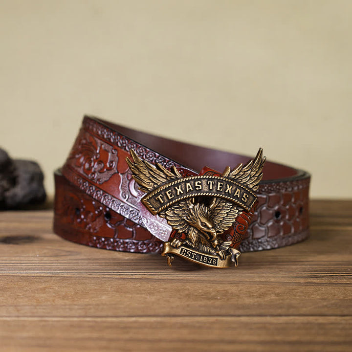 Cintura in pelle fai da te da uomo con fibbia Western Texas Eagle retrò - Bronzo antico - Cintura marrone intagliata (40) - image 15