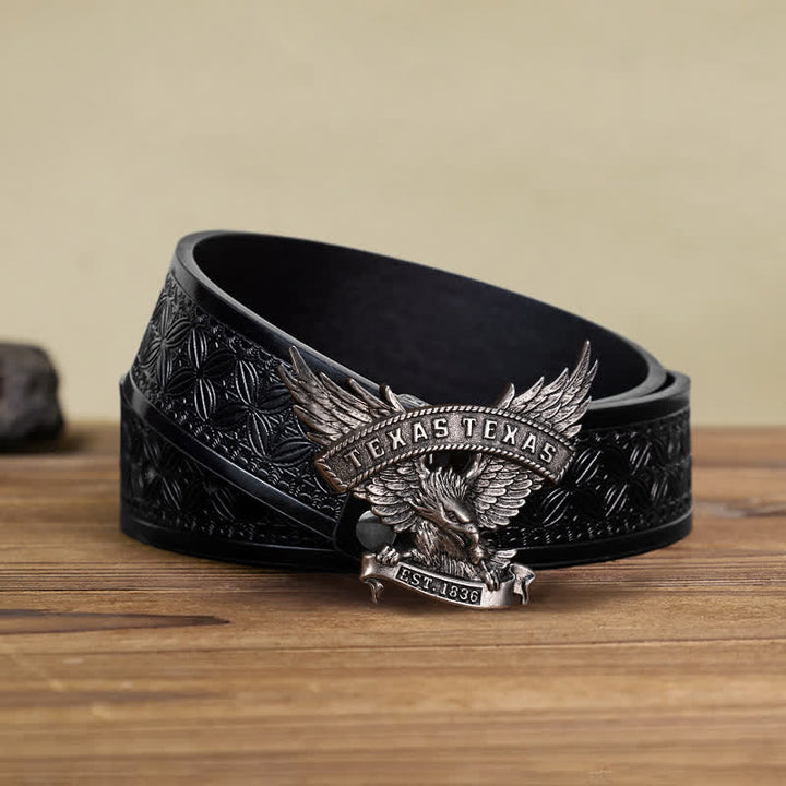 Cintura in pelle fai da te da uomo con fibbia Western Texas Eagle retrò - Argento antico - Cintura in tessuto goffrato nero (40) - image 4