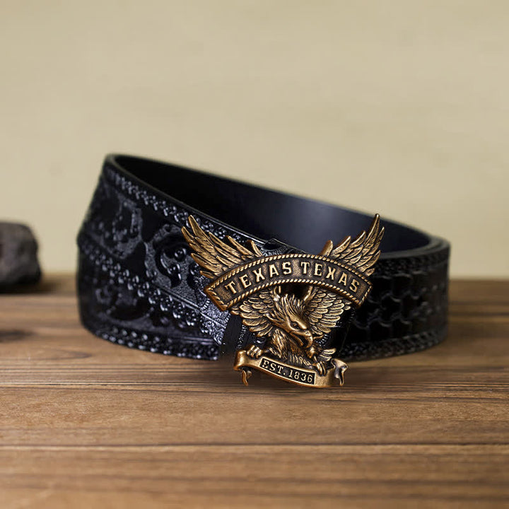 Cintura in pelle fai da te da uomo con fibbia Western Texas Eagle retrò - Bronzo antico - Cintura nera intagliata (40) - image 14