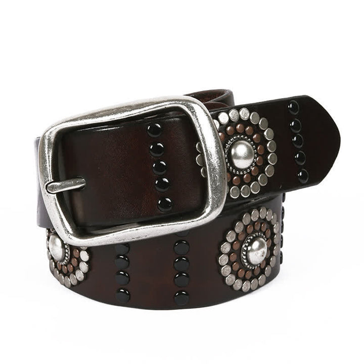 Cintura in pelle con borchie punk con decorazione di rivetti rotondi assortiti - Marrone scuro - 44 - image 0
