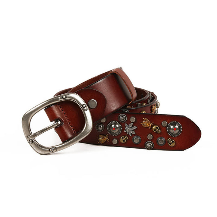 Cintura in pelle con teschio gotico, ape, acero e rivetti - image 11