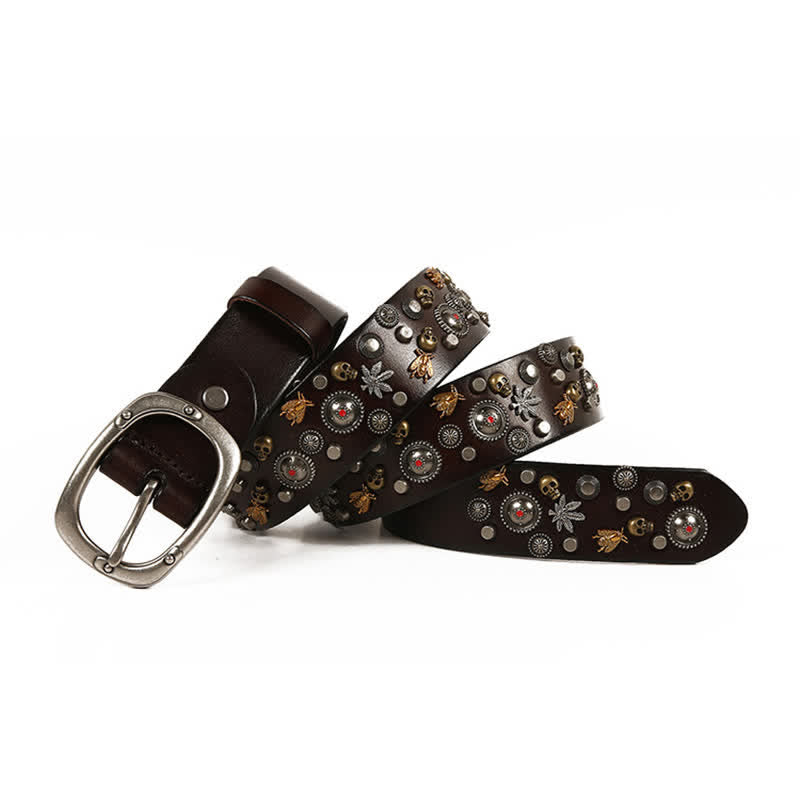 Cintura in pelle con teschio gotico, ape, acero e rivetti - image 13