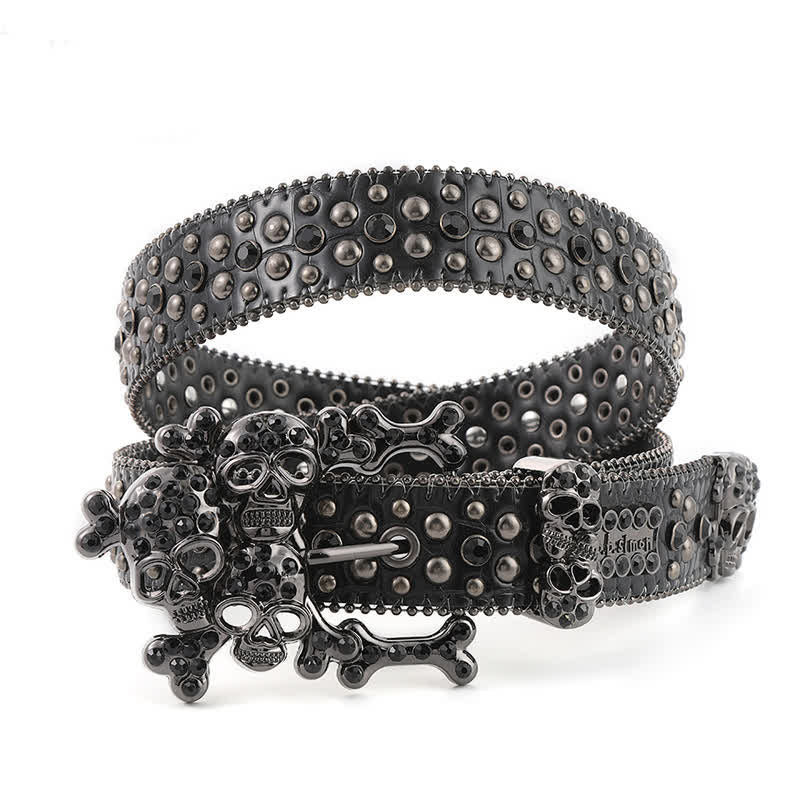 Cintura in pelle con borchie mini teschio e strass - Nero - 42 - image 2