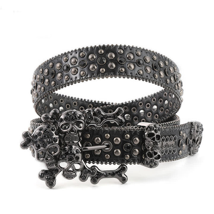 Cintura in pelle con borchie mini teschio e strass - Nero - 42 - image 2
