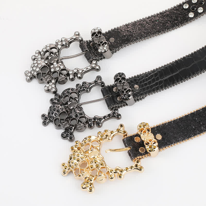 Cintura in pelle con borchie mini teschio e strass - image 1