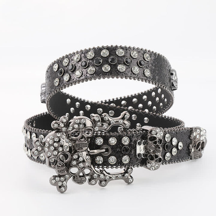 Cintura in pelle con borchie mini teschio e strass - Bianco e nero - 42 - image 7
