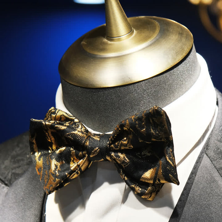 Papillon vintage da uomo in jacquard nero e oro a coda di pesce