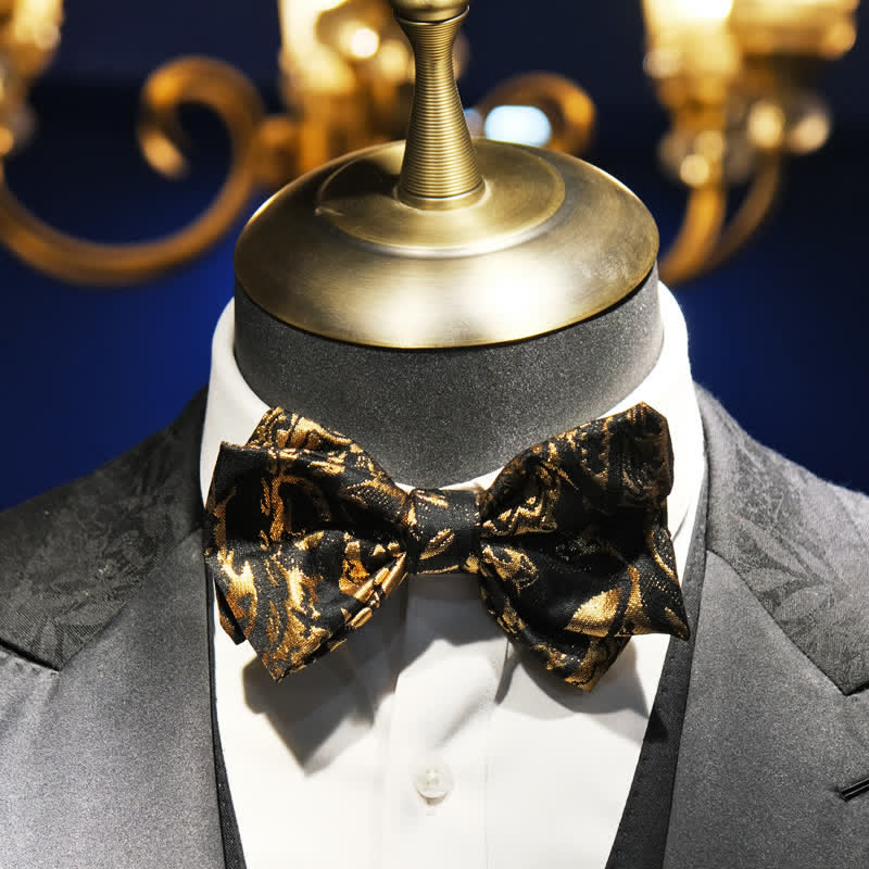Papillon vintage da uomo in jacquard nero e oro a coda di pesce